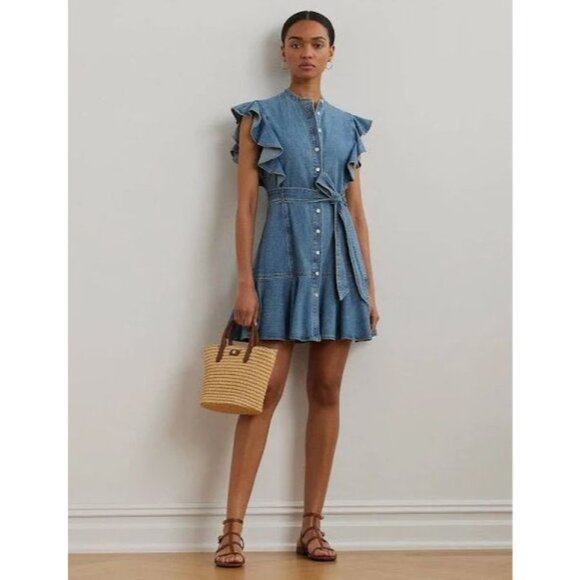 Lauren Ralph Lauren Womens 16 Dress Belted Denim Flutter Sleeve Shirtdress - Picture 12 of 13